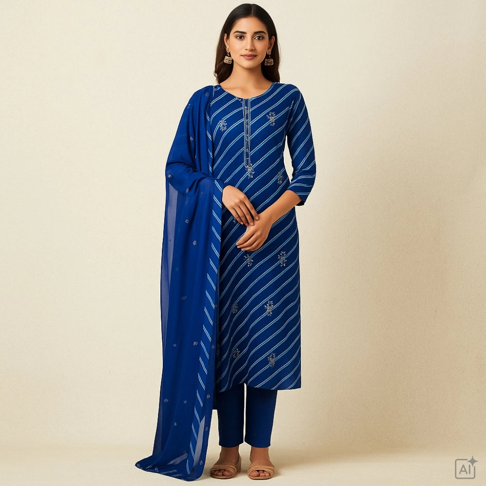 Contrasty Blue Leheriya Cotton Unstitched Suit Set