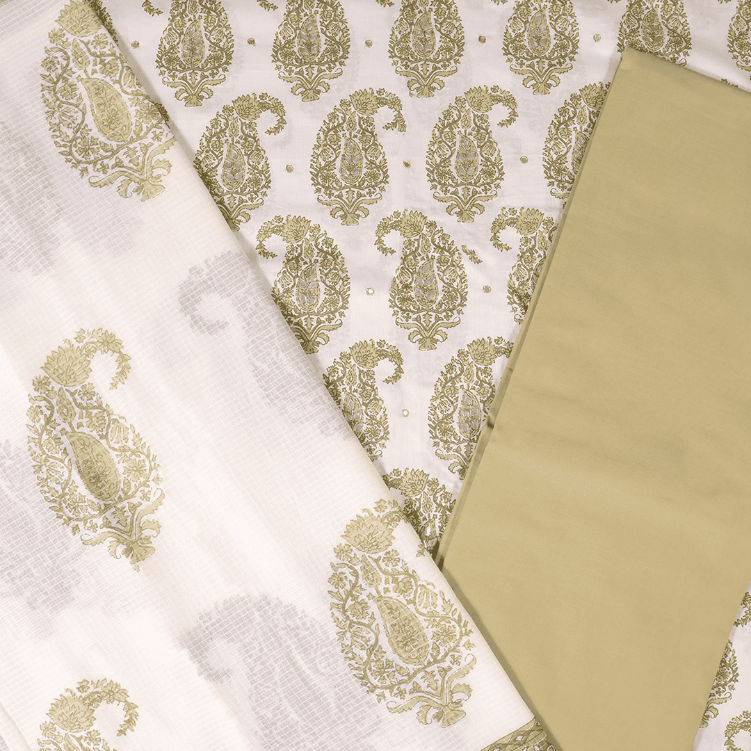 Mughal Butta Pea Green Cotton Unstitched Suit Set