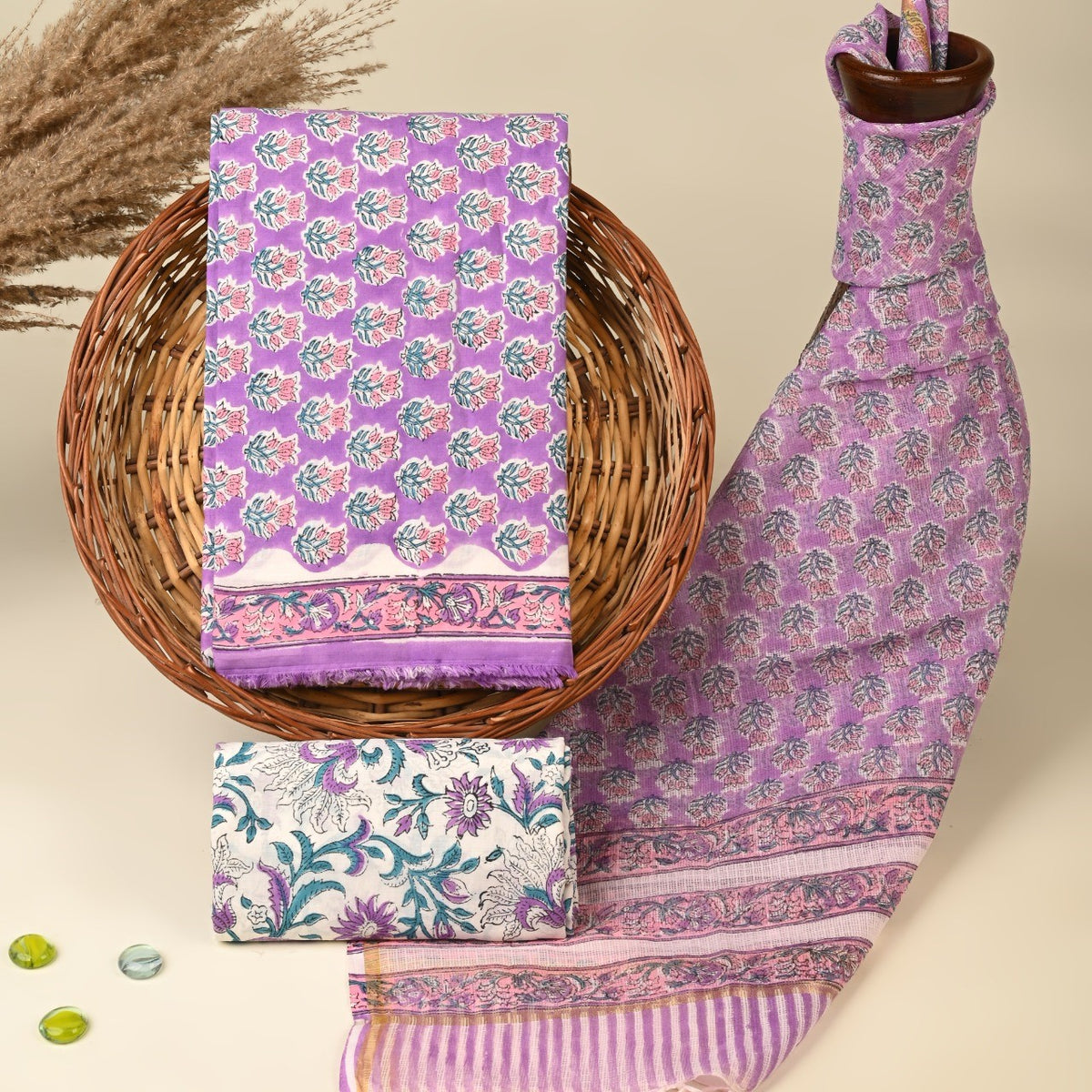 Purple Pure Kota Doria Dupatta Unstitched Suit Set