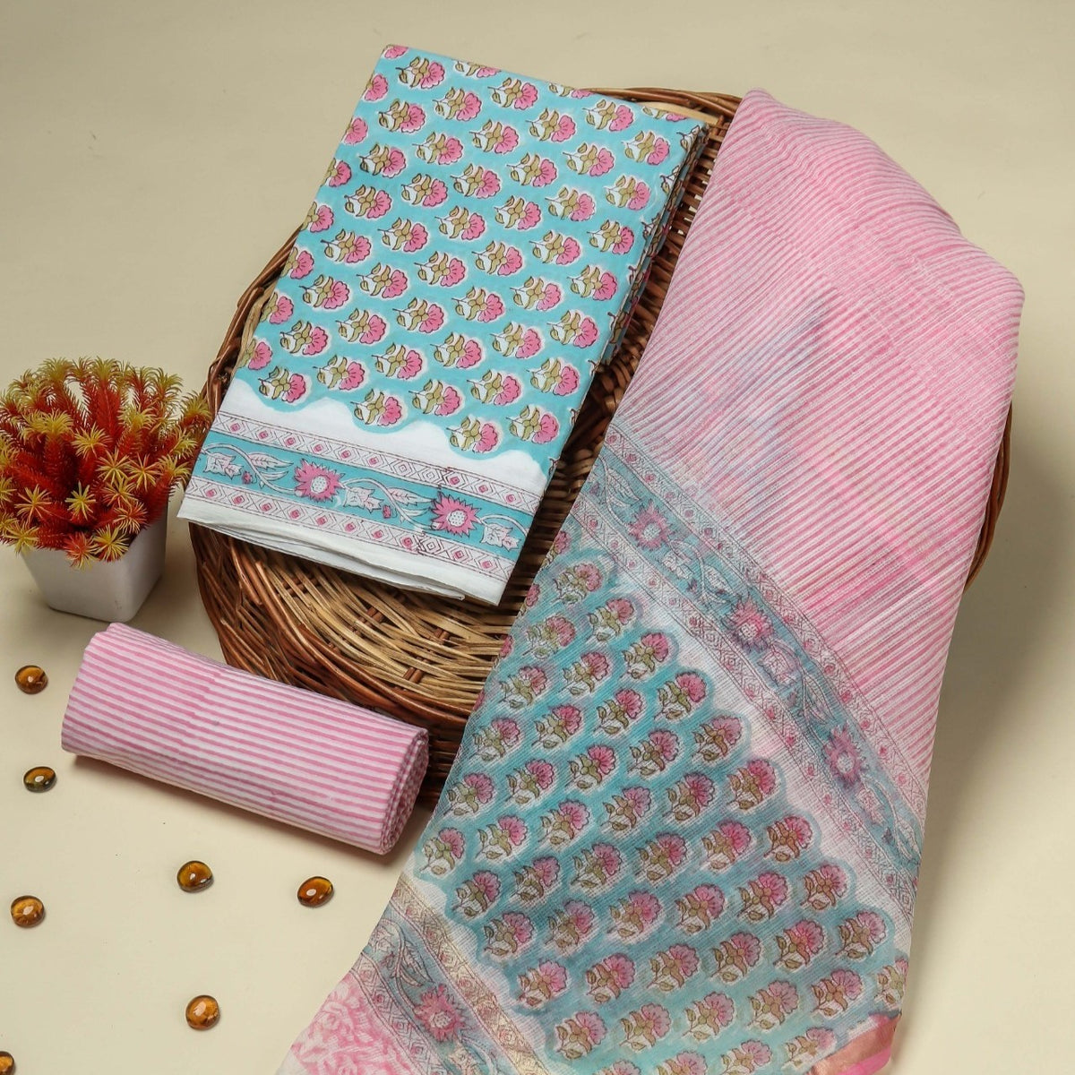 Turquois Pure Kota Doria Dupatta Unstitched  Suit Set
