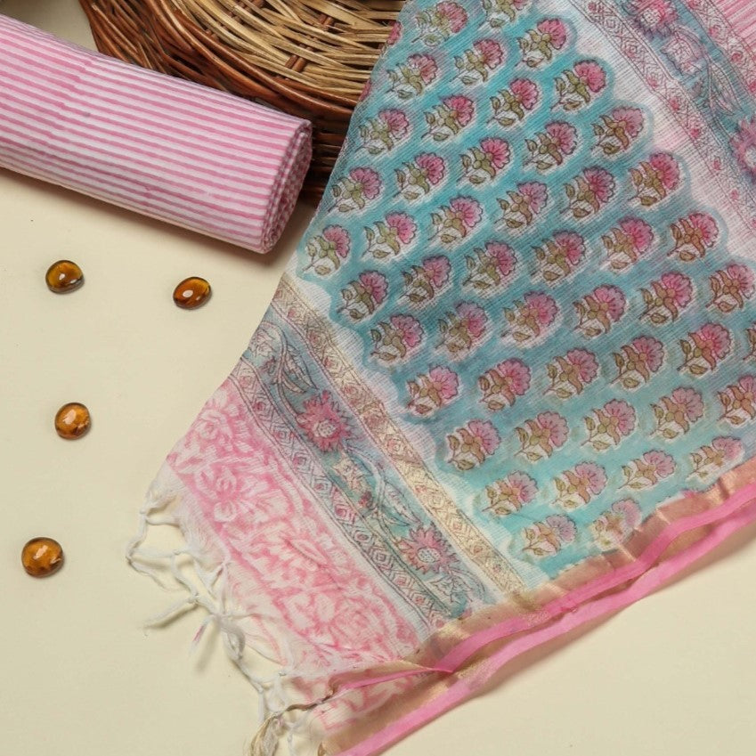 Turquois Pure Kota Doria Dupatta Unstitched  Suit Set