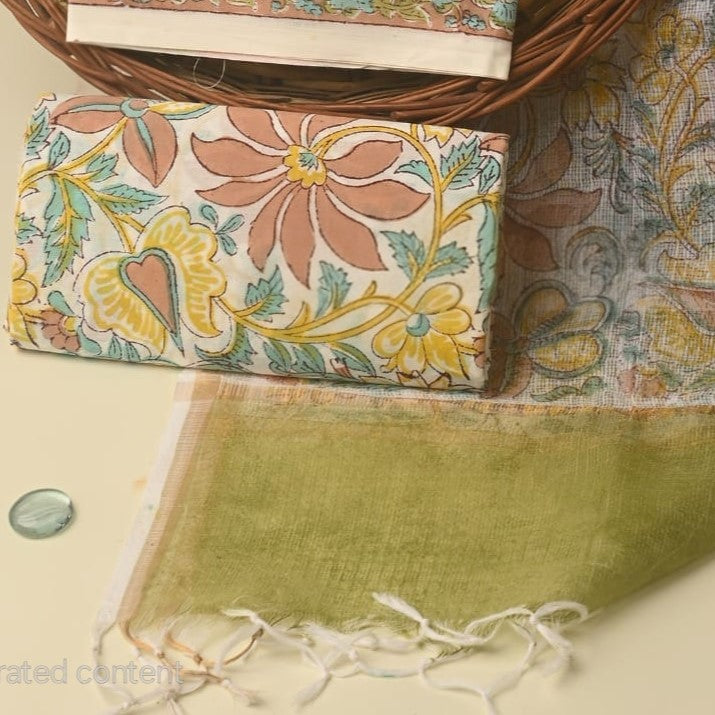 Pastel Green Pure Kota Doria Dupatta Unstitched Suit Set