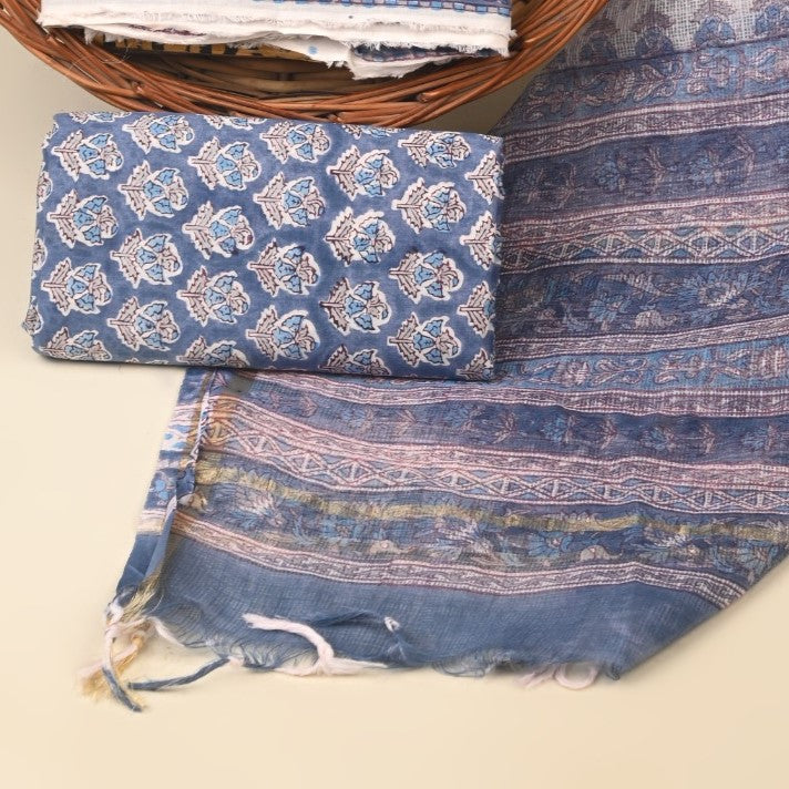 Soothing Blue Pure Kota Doria Dupatta Unstitched Suit Set