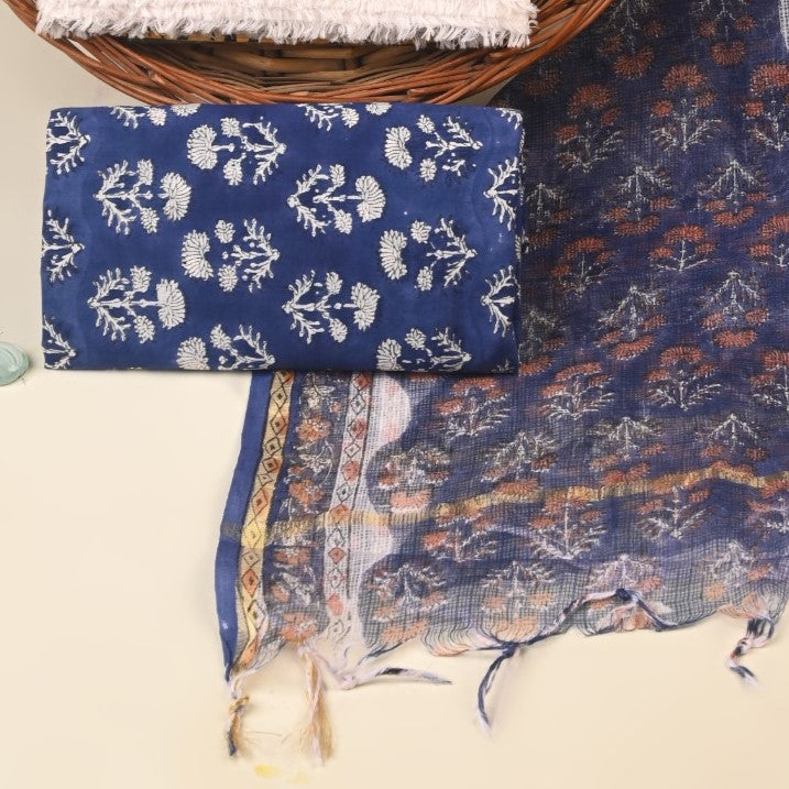Indidigo Blue Pure Kota Doria Dupatta Unstitched Suit Set
