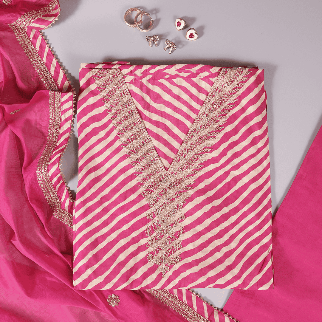 Dazzling Pink Muslin Leheriya Suit Set