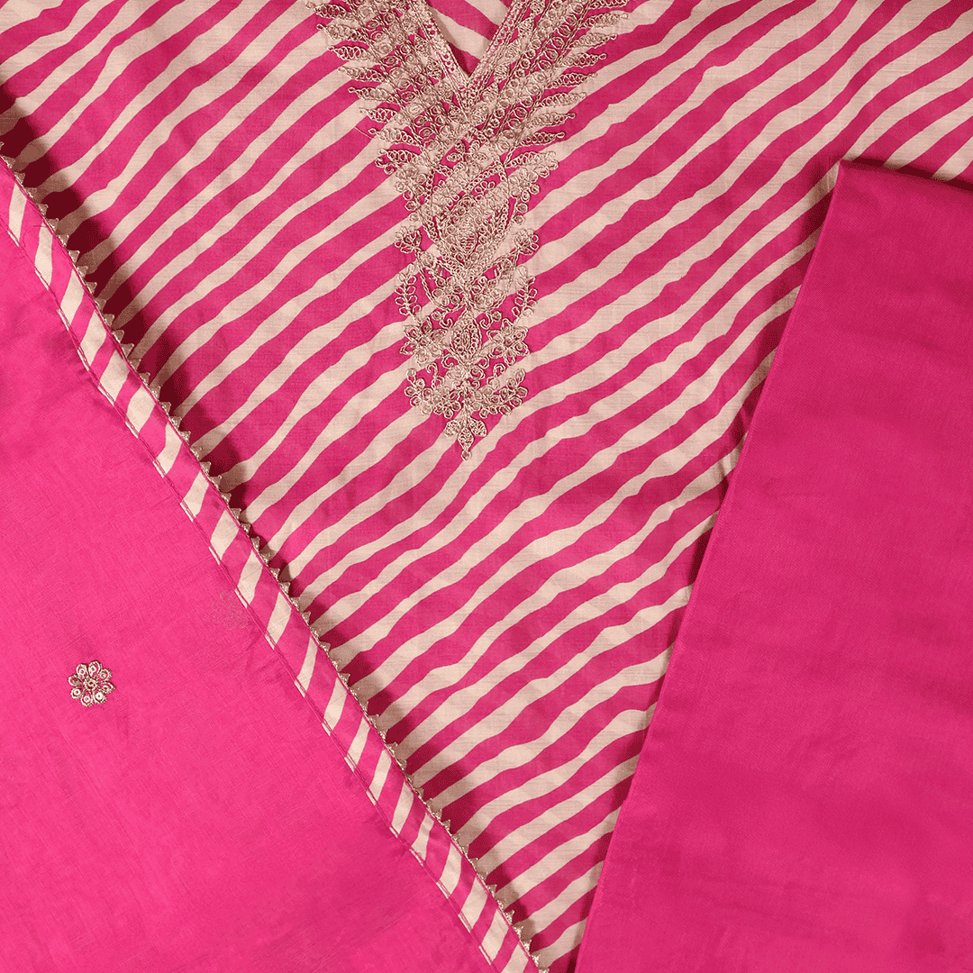 Dazzling Pink Muslin Leheriya Suit Set