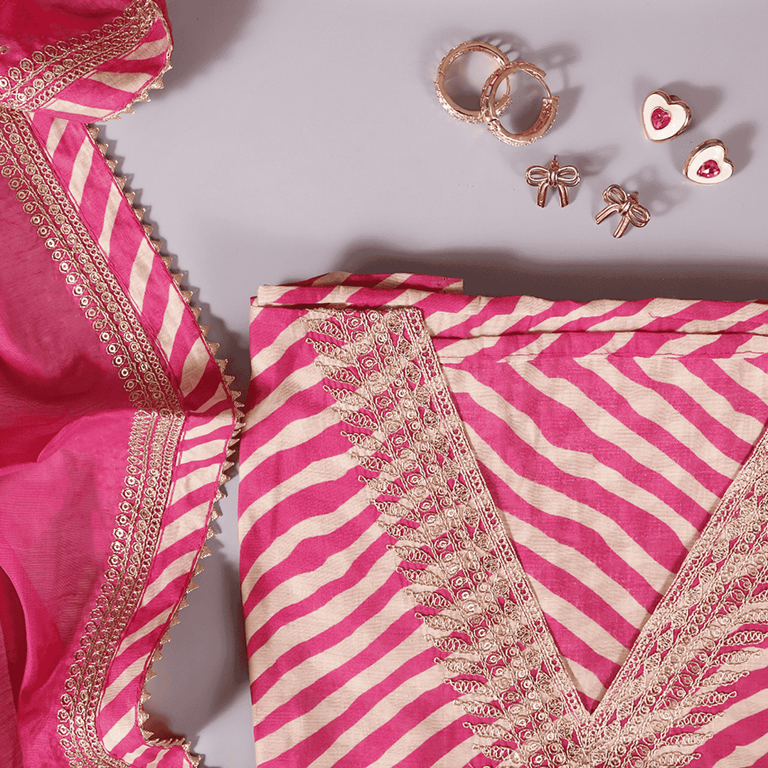 Dazzling Pink Muslin Leheriya Suit Set
