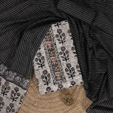 Ajrakh Grey Cotton Unstitched Jaipuri Suit Set With Dupatta