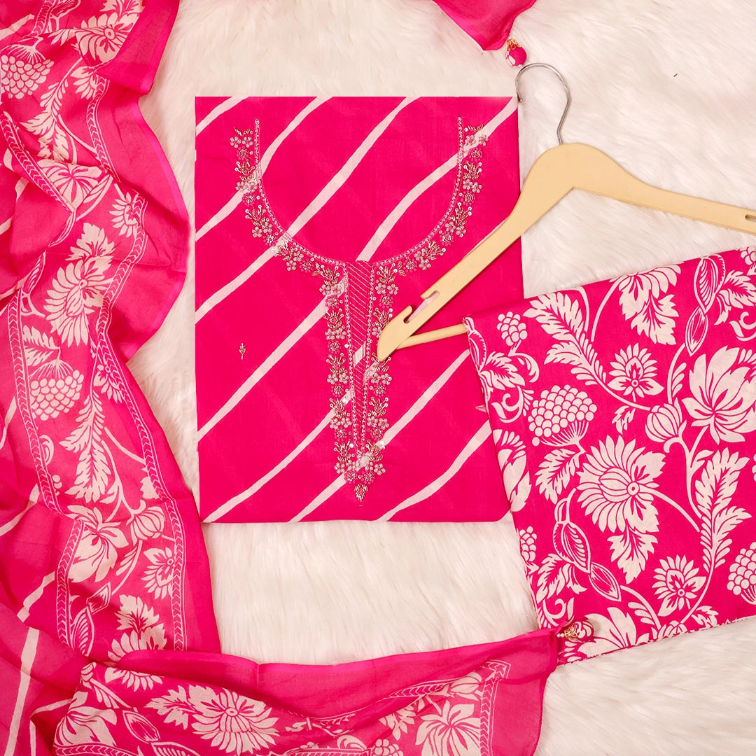 Amaranth Pink Leheriya Print Cotton Unstitched Suit Set