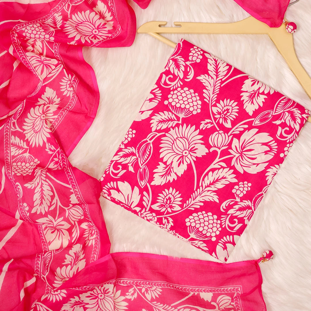 Amaranth Pink Leheriya Print Cotton Unstitched Suit Set