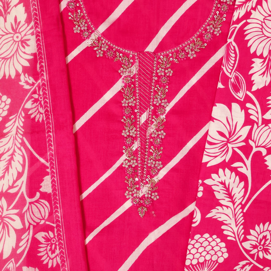 Amaranth Pink Leheriya Print Cotton Unstitched Suit Set