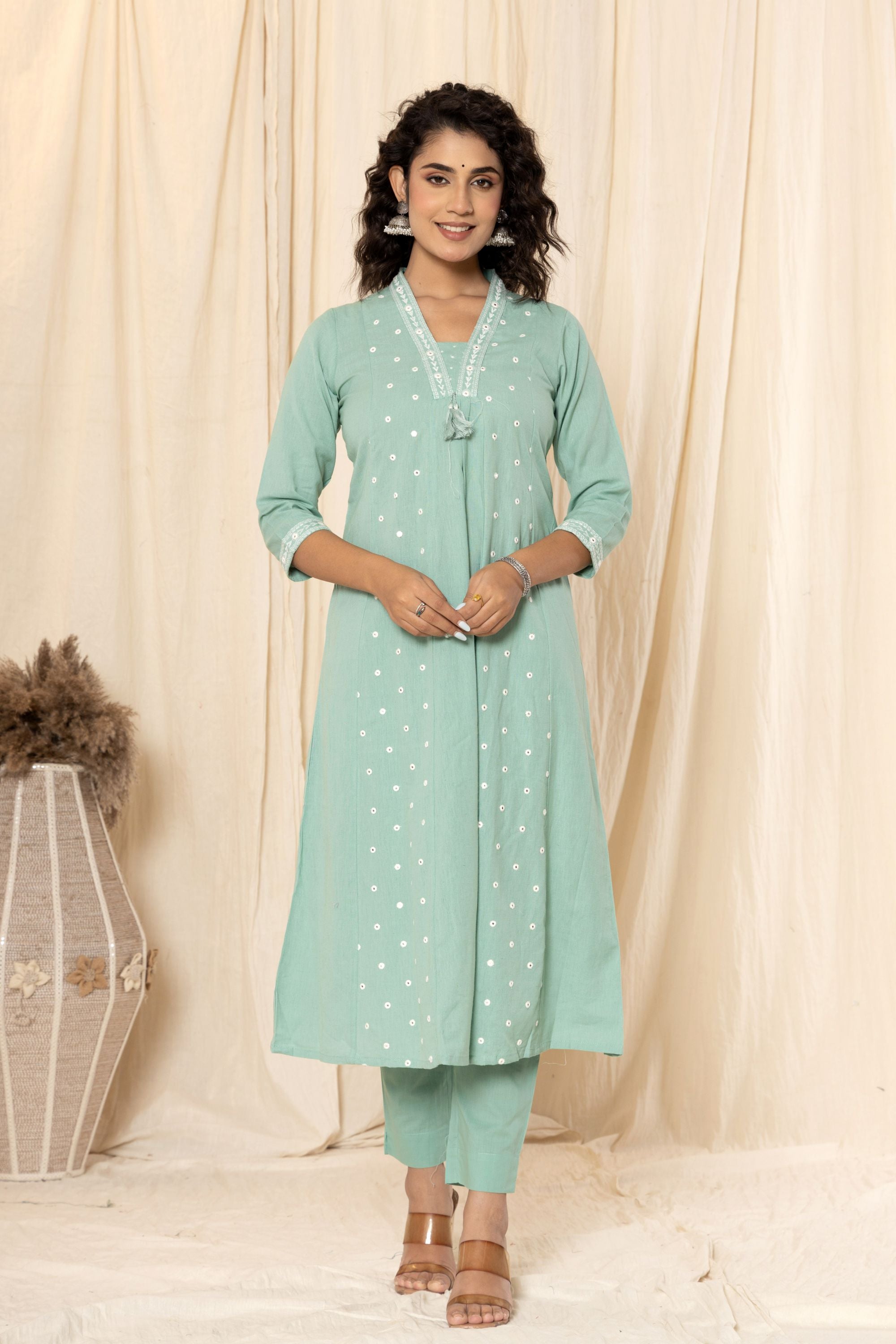 Aqua Green Linne A Line Suit Set