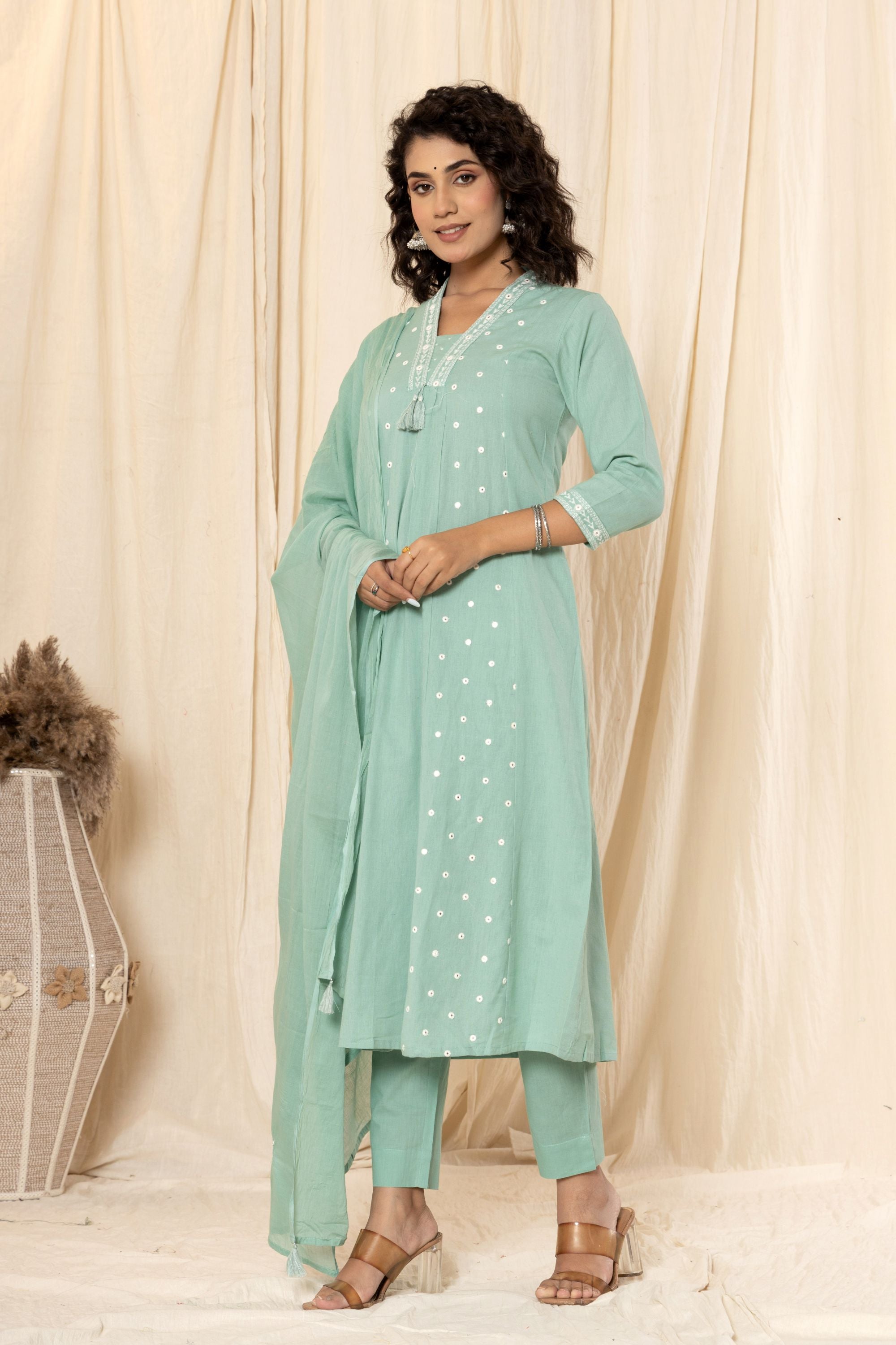 Aqua Green Linne A Line Suit Set