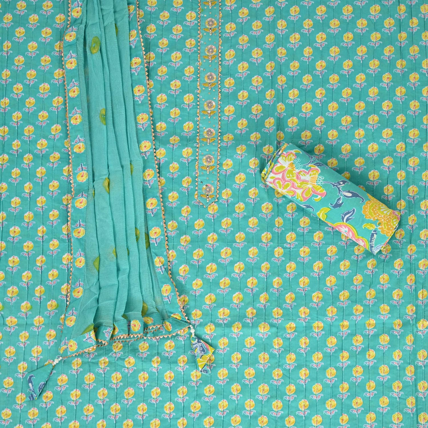 Arctic Blue Bagru Cotton Unstitched Suit Set