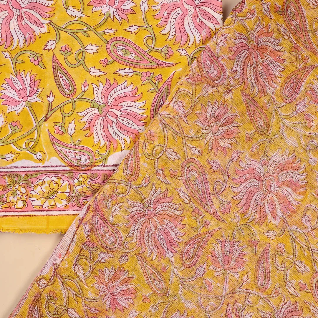 Mango Yellow Pure Kota Doria Dupatta Unstitched Suit Set