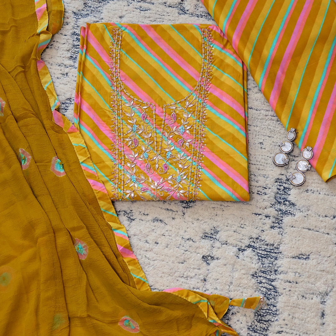 Multi Leheriya Cotton Unstitched Suit Set