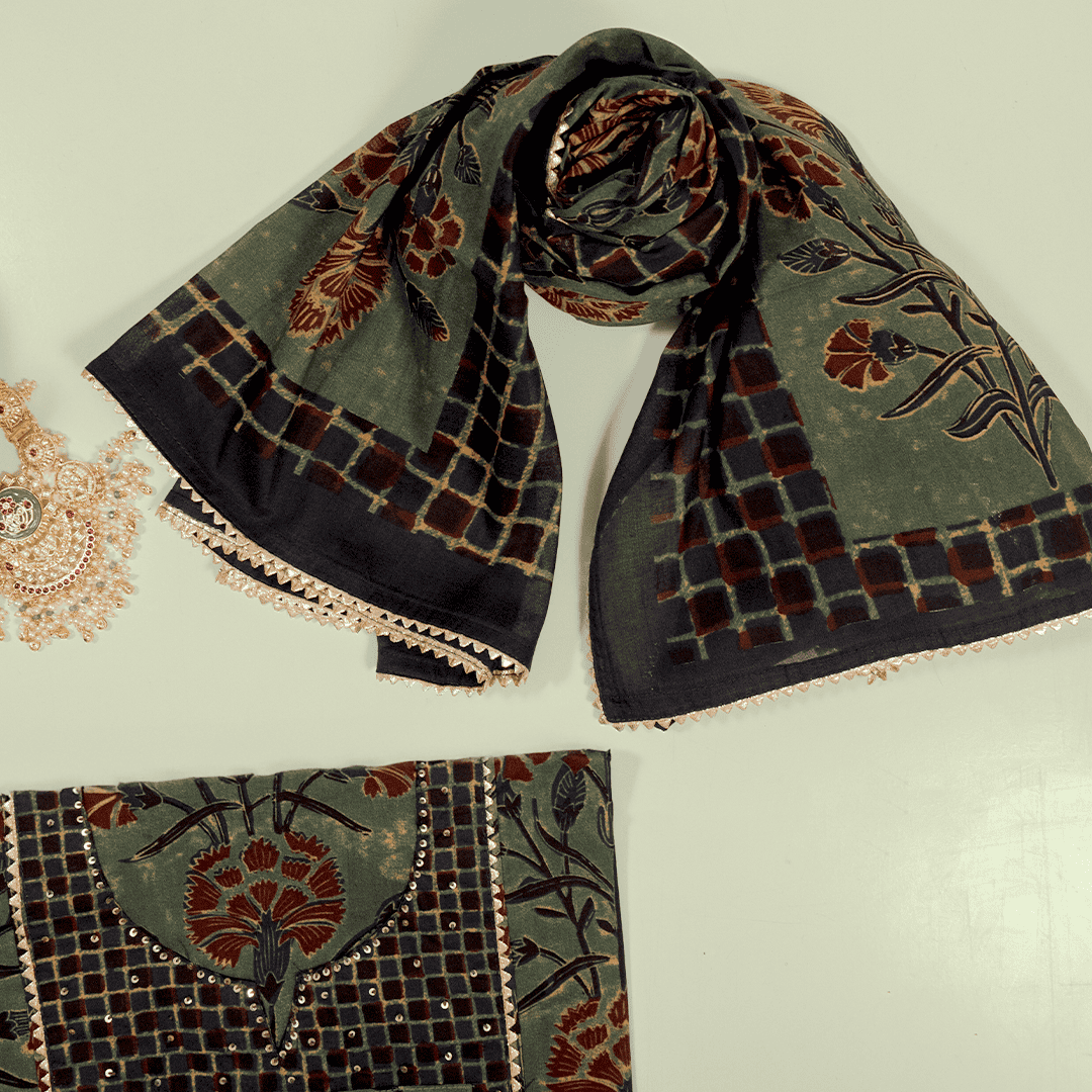 Algae Green Cotton Unstitched Suit Set