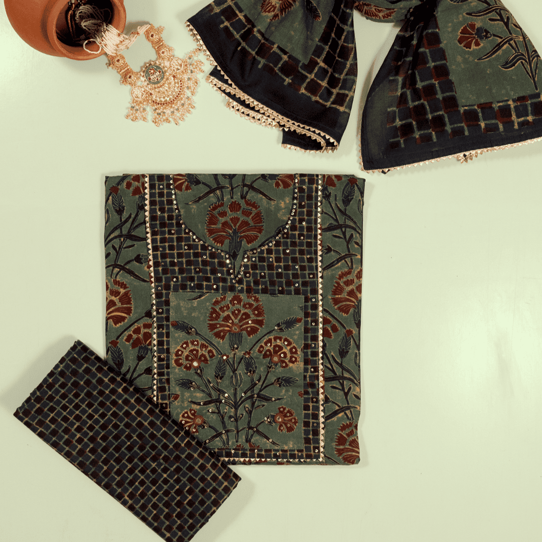 Algae Green Cotton Unstitched Suit Set