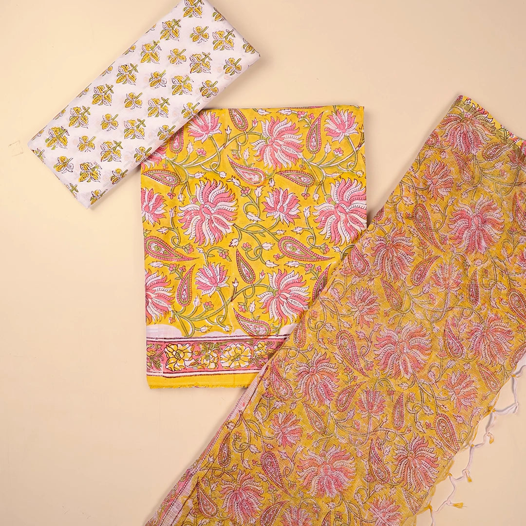 Mango Yellow Pure Kota Doria Dupatta Unstitched Suit Set