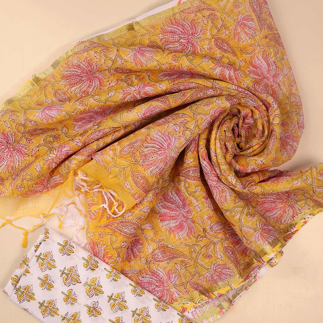 Mango Yellow Pure Kota Doria Dupatta Unstitched Suit Set
