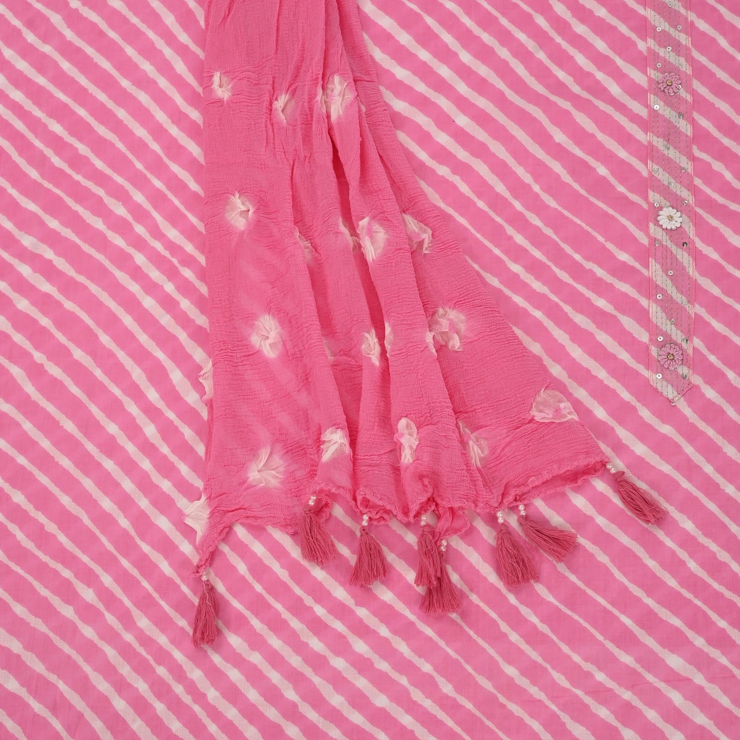 Baby Pink Leheriya Cotton Unstitched Suit Set