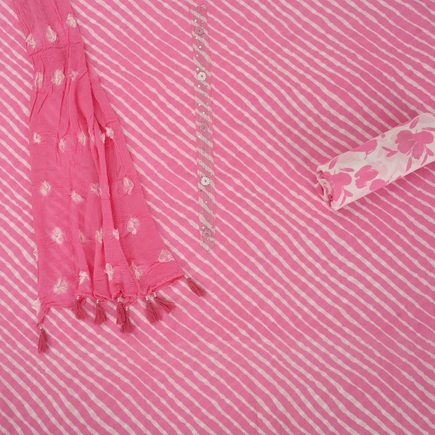 Baby Pink Leheriya Cotton Unstitched Suit Set