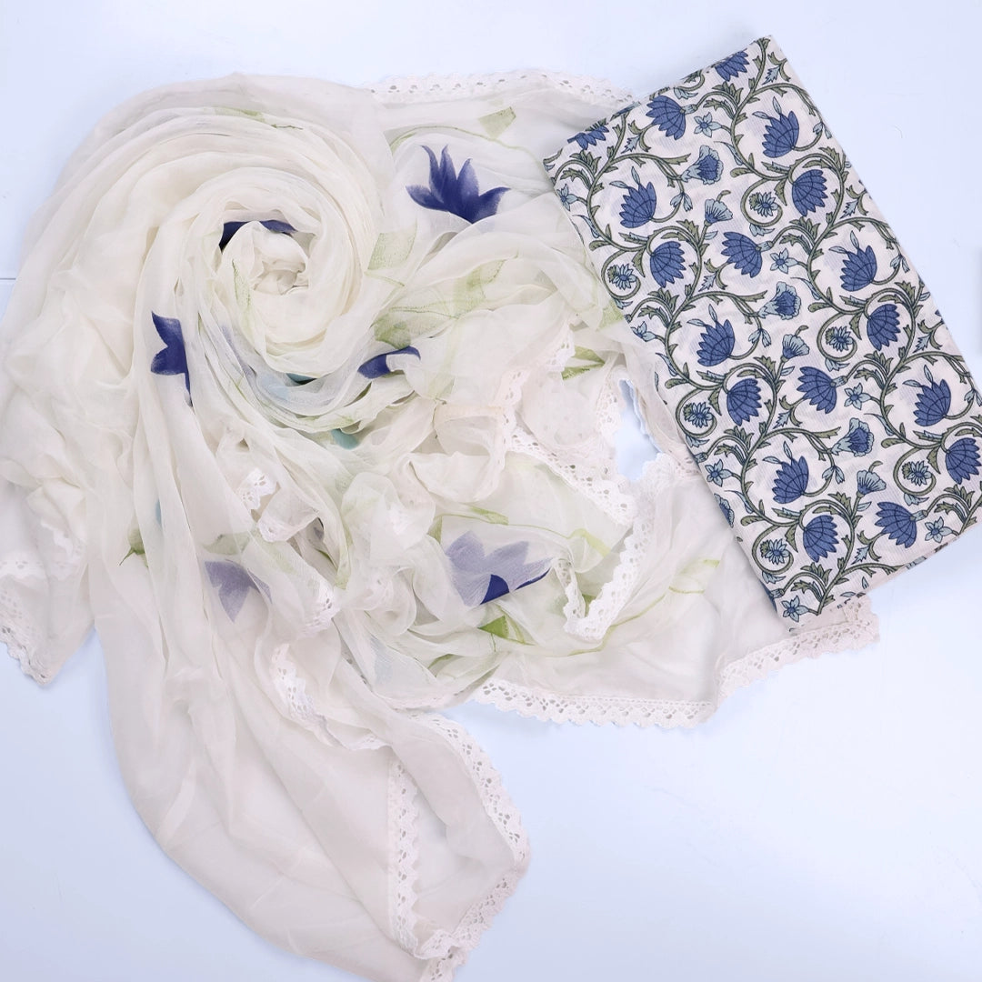 Beautiful Blue Cotton Unstitched Suit Set