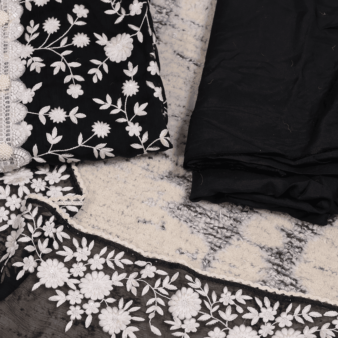 Black Chiffon Embroidery Unstitched Suit Set
