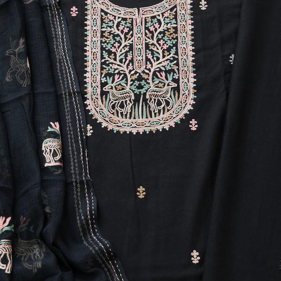 Black Embroidered Cotton Unstitched Suit Set