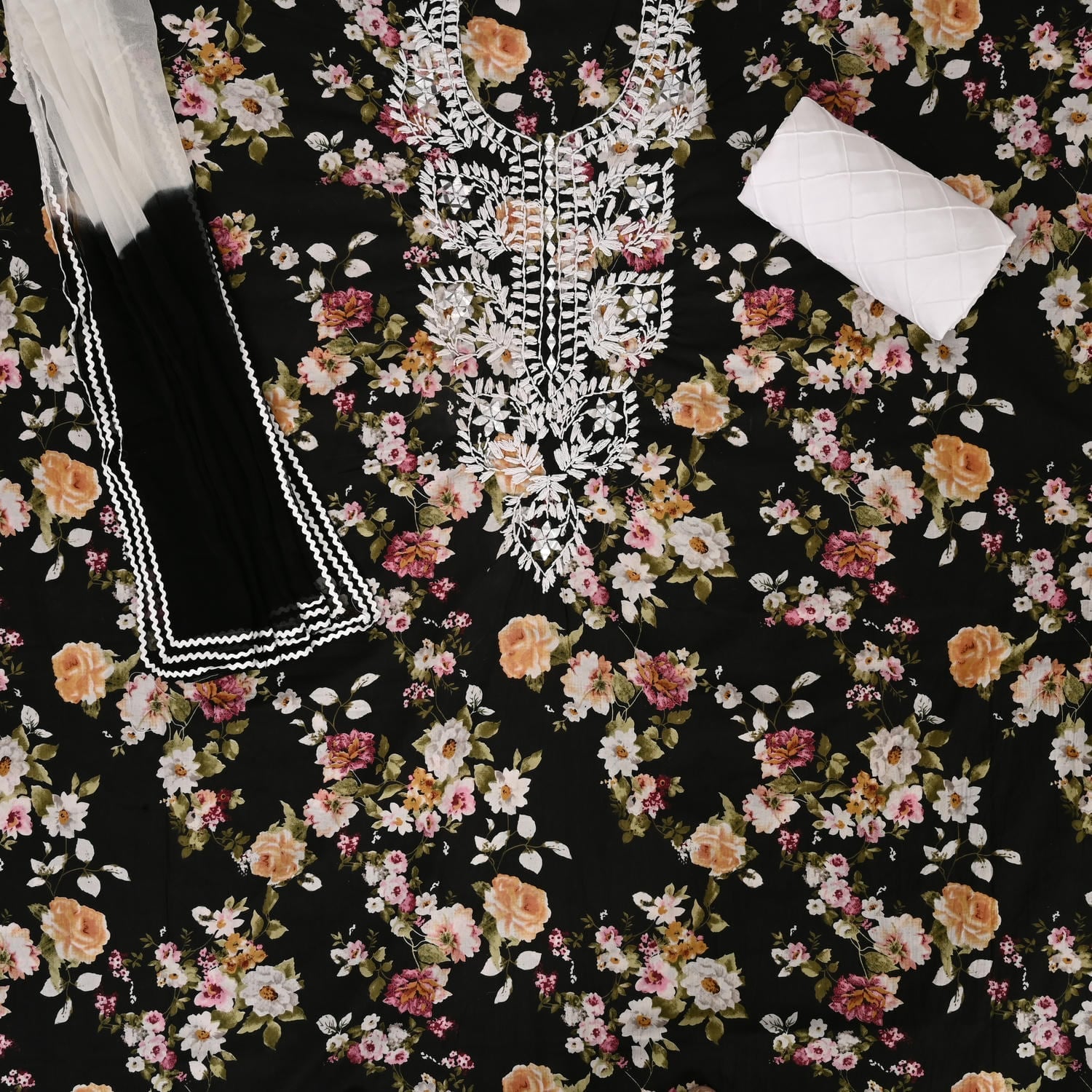Black Floral Cotton Suit Set