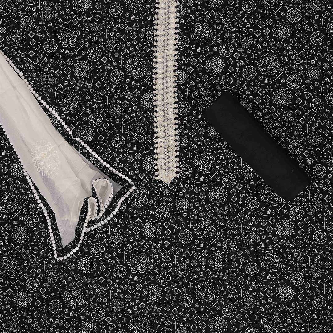 Black Pichwai Cotton Unstitched Jaipuri Suit Set With Chiffon Dupatta