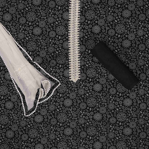 Black Pichwai Cotton Unstitched Jaipuri Suit Set With Chiffon Dupatta