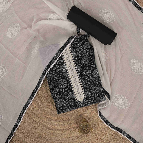 Black Pichwai Cotton Unstitched Jaipuri Suit Set With Chiffon Dupatta