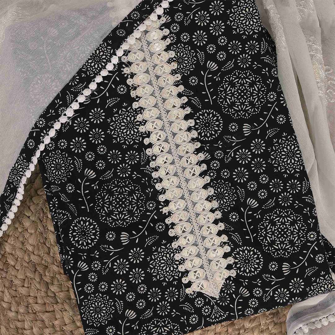 Black Pichwai Cotton Unstitched Jaipuri Suit Set With Chiffon Dupatta