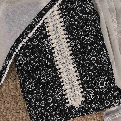 Black Pichwai Cotton Unstitched Jaipuri Suit Set With Chiffon Dupatta