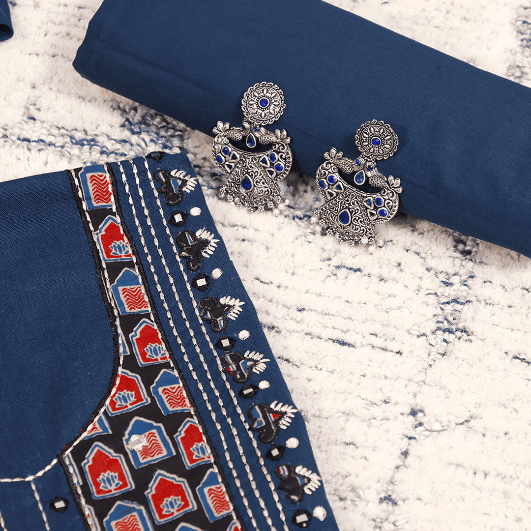 Blue Ajrakh Cotton Unstitched Suit Set