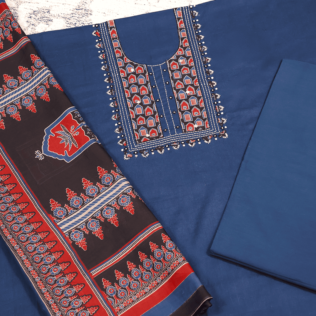 Blue Ajrakh Cotton Unstitched Suit Set