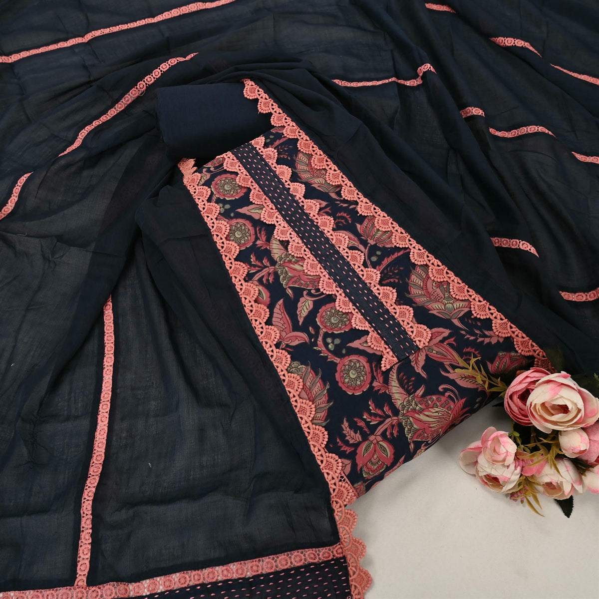Blue Kalamkari Cotton Unstitched Suit Set