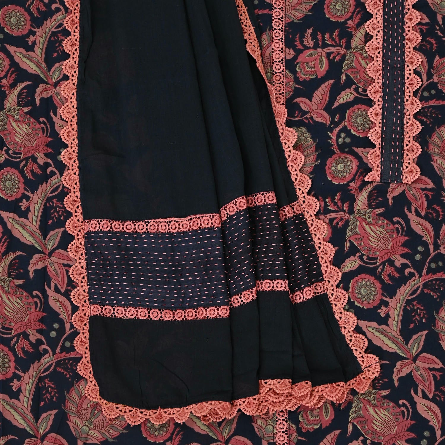 Blue Kalamkari Cotton Unstitched Suit Set