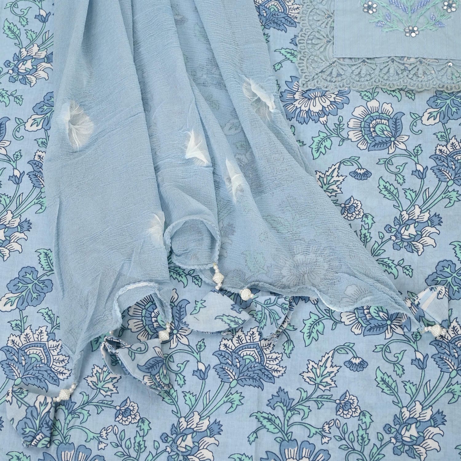 Bluish Grey Cotton Unstitched Suit Set