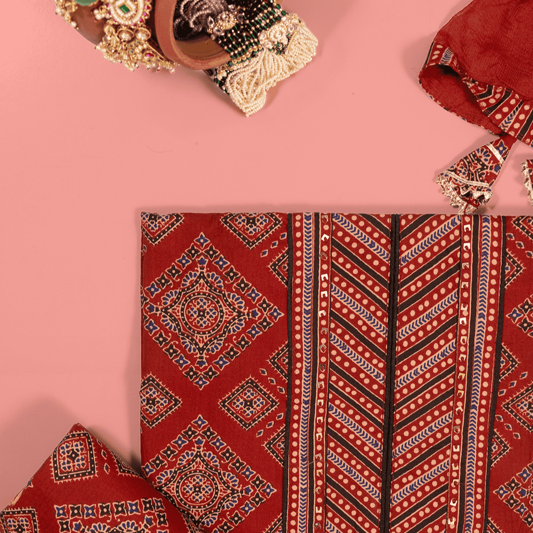 Brick Red Ikhat Print Cotton Unstitched Suit Set
