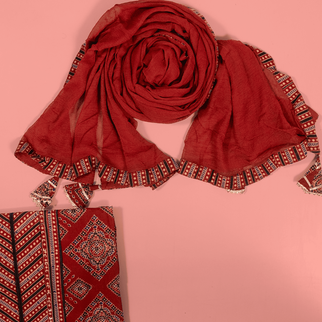 Brick Red Ikhat Print Cotton Unstitched Suit Set