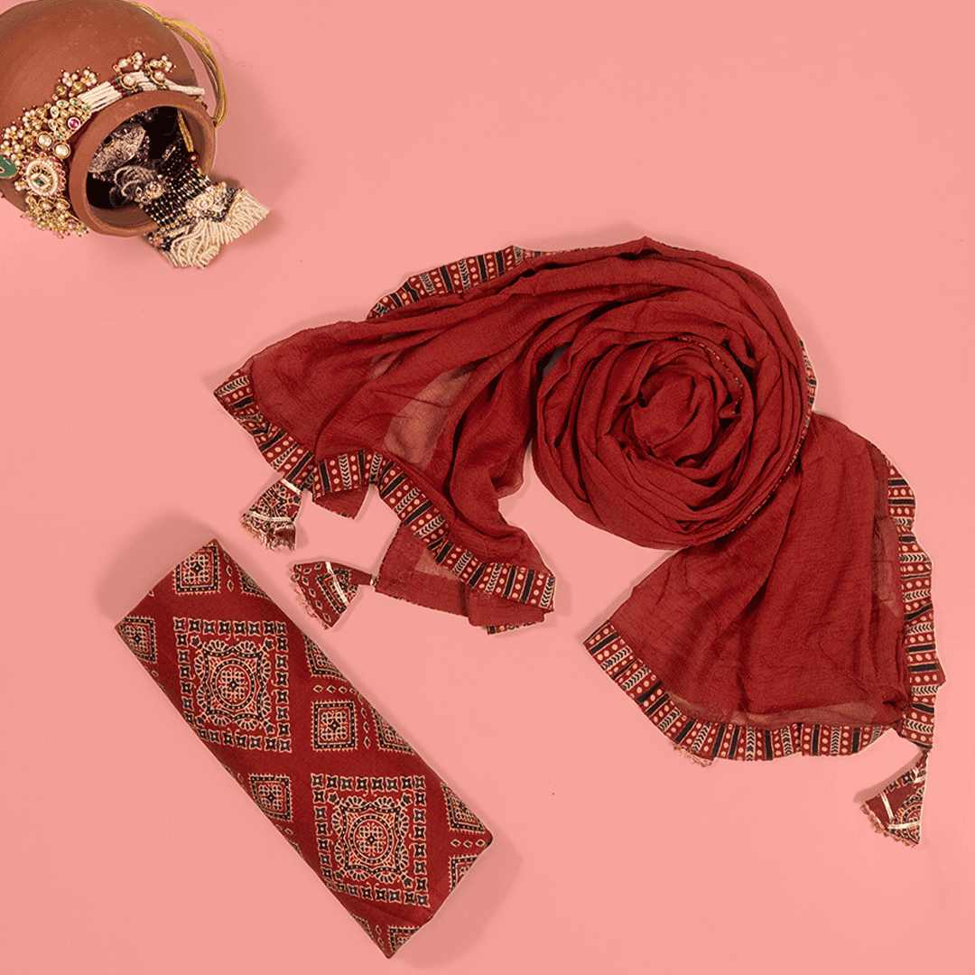 Brick Red Ikhat Print Cotton Unstitched Suit Set