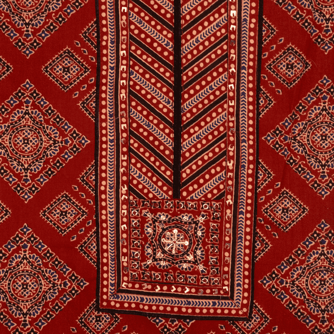 Brick Red Ikhat Print Cotton Unstitched Suit Set