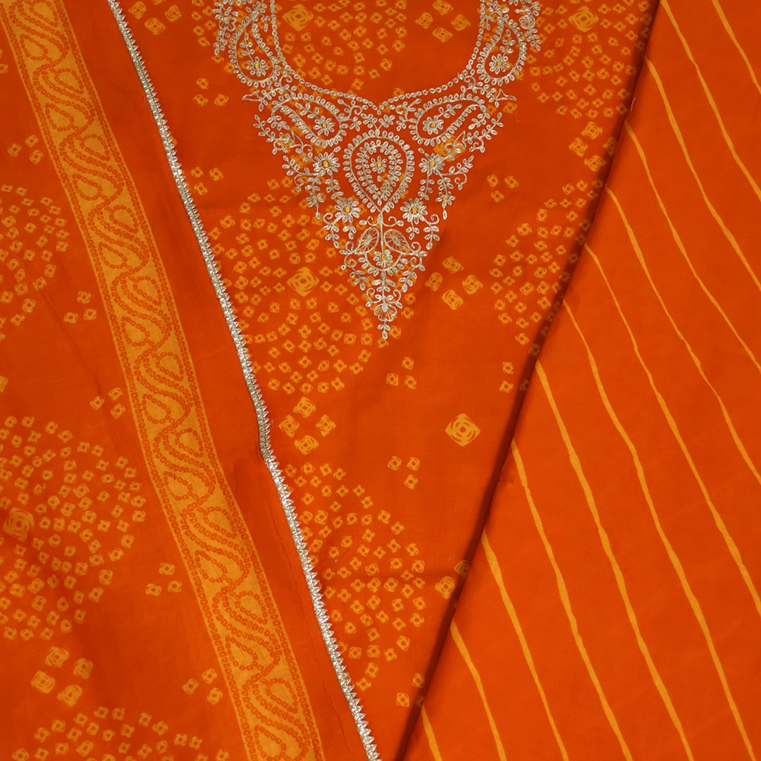 Bright Orange Bhandej Cotton Unstitched Suit Set