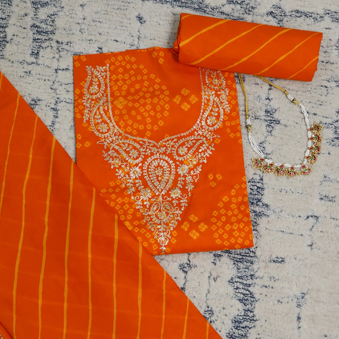 Bright Orange Bhandej Cotton Unstitched Suit Set