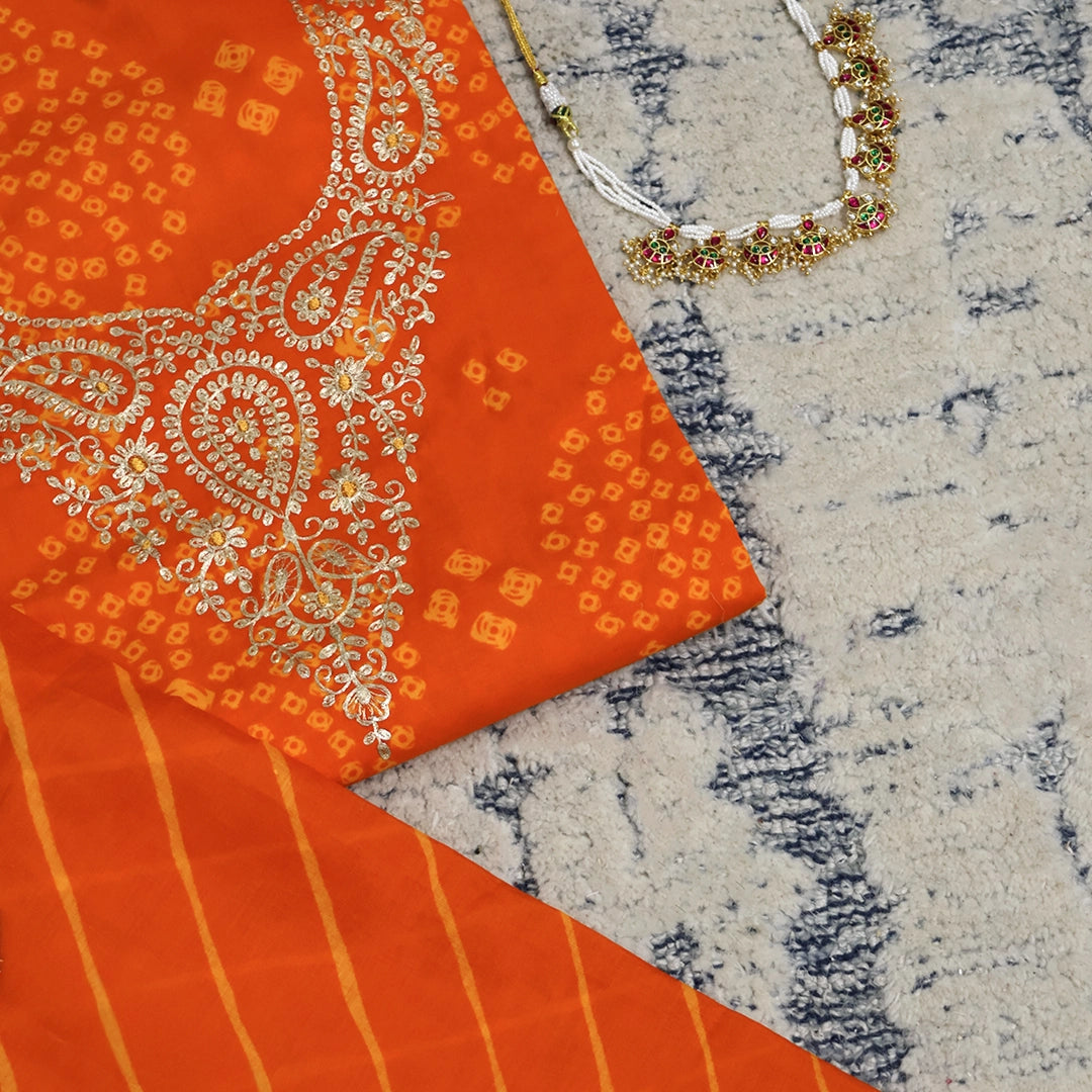 Bright Orange Bhandej Cotton Unstitched Suit Set