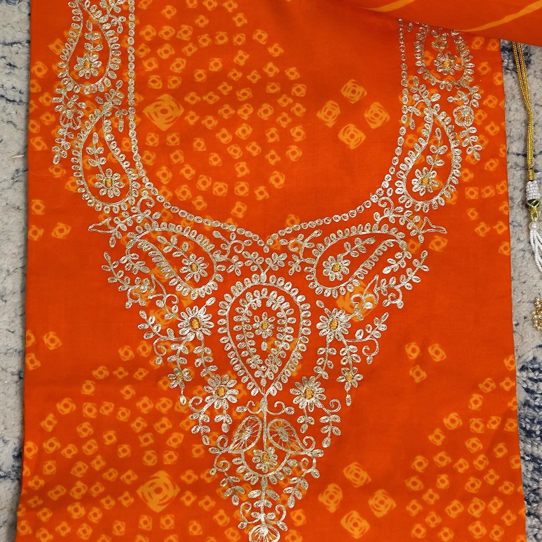 Bright Orange Bhandej Cotton Unstitched Suit Set