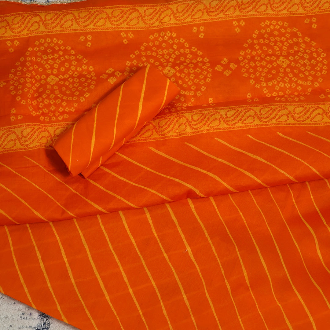 Bright Orange Bhandej Cotton Unstitched Suit Set