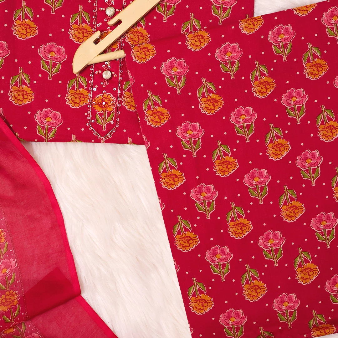 Bright Rani Bagru Print Cotton Unstitched Suit Set